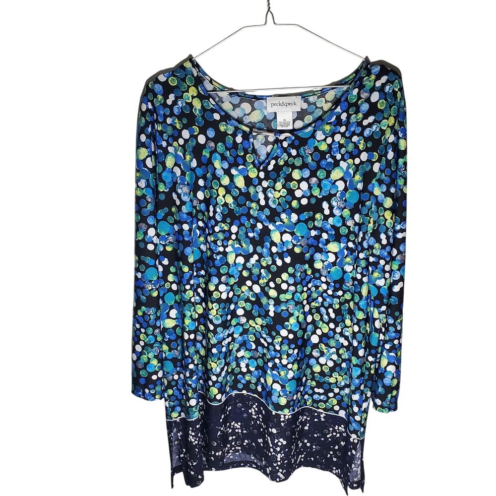 Peck & Peck Women's Abstract Dot Print Keyhole Tunic Top XL Blue
